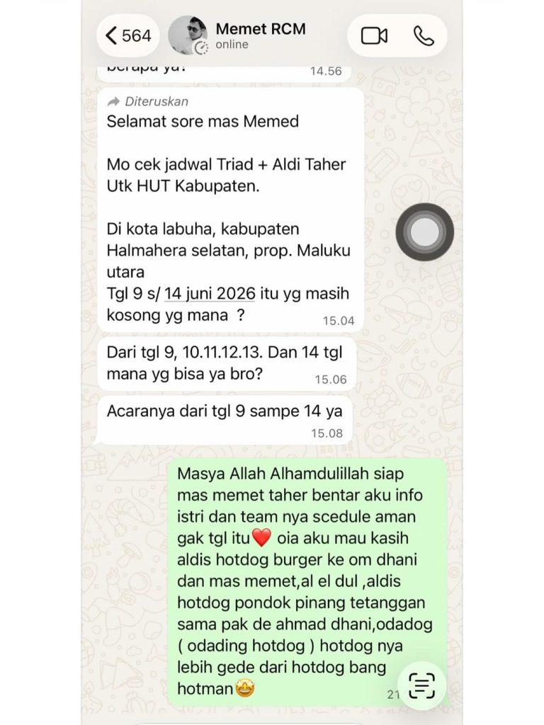 Screenshot chat WhatsApp Aldi Taher dengan tim manajemen Ahmad Dhani soal jadwal tampil bersama TRIAD