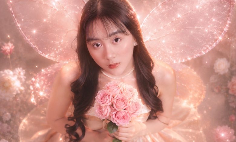 Gwendolyne dalam foto promosi single debut Just Like the Others dengan konsep peri berwarna merah muda.